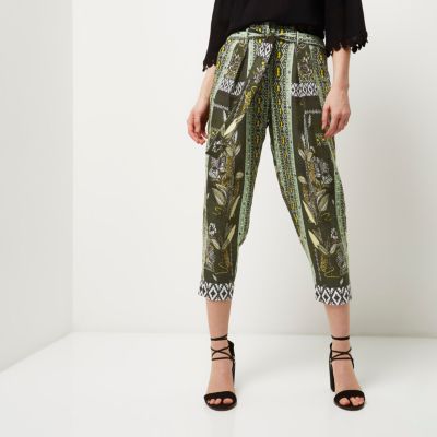 Green print tapered trousers